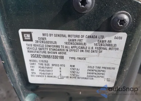 2006 Chevrolet Silverado 1500 Work Truck из США, поврежденный, VIN 2GCEC19V661330188